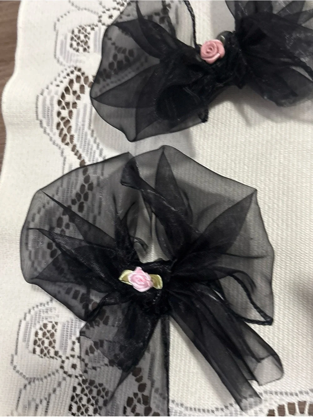 Kids Hair Bow Set - Black Organza Bows with Pink Rose Print Accents
